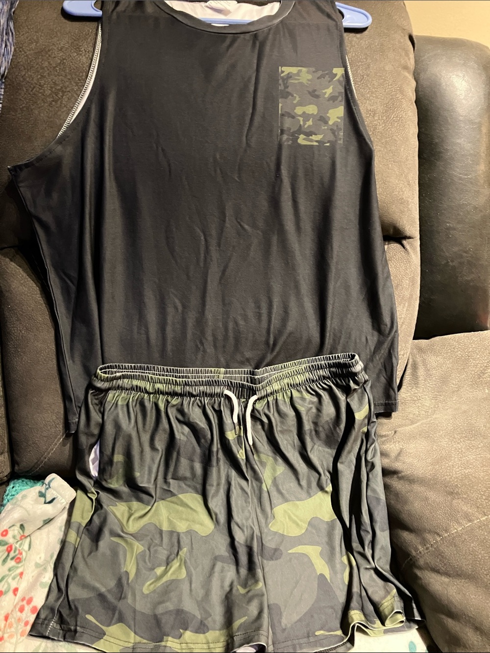 Woman’s  Black Tank with Olive Camo Pocket + Matching Camo Shorts XL